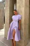 Women Round Neck Puff Short Sleeve Pleated Pearl Button Dress