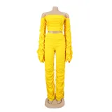 Women Long Sleeve Solid Pleated Off Shoulder Sexy Top and Pant Two-piece Set