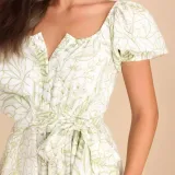 Spring Summer Printed Puff Sleeves Belt Chic Elegant Long Dress