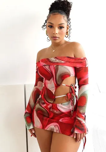Women's Fashion Print Sexy Off Shoulder Bell Bottom Sleeve Trendy Two Piece Skirt Set