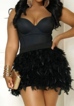 Sexy Solid Color Strap Bodysuit Feather Skirt Two-Piece Set