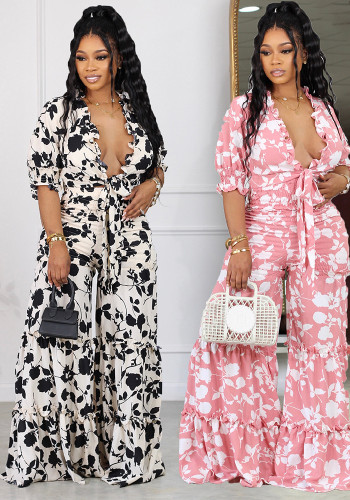 Sexy Printed Lace-Up Shirt Wide-Leg Pants Summer Two-Piece Set