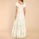 Spring Summer Printed Puff Sleeves Belt Chic Elegant Long Dress