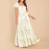 Spring Summer Printed Puff Sleeves Belt Chic Elegant Long Dress