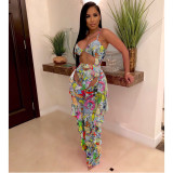 Sexy Women's Solid Color Printed One Piece Swimsuit Mesh Pants Two-Piece Set