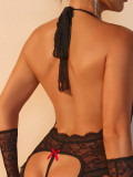 Erotic Lingerie Sexy Black Halter V-Neck See Through Lace Bodysuit