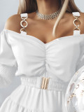 Solid Color Off Shoulder Puff Sleeve A-Line Dress