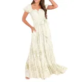 Spring Summer Printed Puff Sleeves Belt Chic Elegant Long Dress
