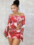 Women's Fashion Print Sexy Off Shoulder Bell Bottom Sleeve Trendy Two Piece Skirt Set