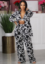 Sexy Women's Printed Long Sleeve Shirt Pants Vest Three-Piece Outfit