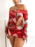 Women's Fashion Print Sexy Off Shoulder Bell Bottom Sleeve Trendy Two Piece Skirt Set