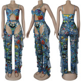 Sexy Women's Solid Color Printed One Piece Swimsuit Mesh Pants Two-Piece Set