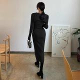 Women sexy hollow long-sleeved Top and slit suspender dress two-piece set