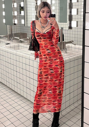Women Summer Long Sleeve Printed Sexy Mesh See-Through Dress