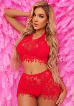 Women Net Sexy Tassel Halter Neck Hollow Two-piece Set