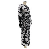 Women Patterned Long Sleeve Printed Sexy Backless Maxi Dress