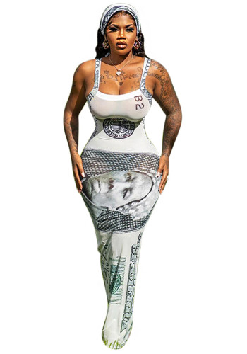 Women Printed Suspender Sexy Maxi Dress