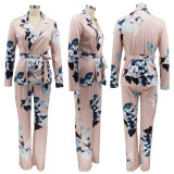 Women Printed Casual Lace-Up Long Sleeve Blazer and Pants Two-piece Set