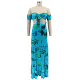 Women summer printed short-sleeved crop Top and slit Skirt sexy two-piece set