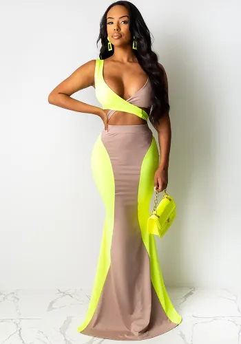Women Sexy Contrast Color Top and Long Skirt Two-piece Set