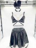 Women bunny girl pu Leather short skirt sexy lingerie two-piece set