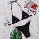 Women BikiniSolid Sexy Lace-Up Beaded Swimsuit Two Pieces
