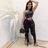 Women's Sexy Faux Leather Tank Top Lace-Up Pants Two Piece Nightclub Set