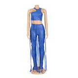 Women's Sexy Faux Leather Tank Top Lace-Up Pants Two Piece Nightclub Set
