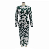 Women Patterned Long Sleeve Printed Sexy Backless Maxi Dress