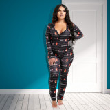 Women Round Neck Long Sleeve Printed Jumpsuit