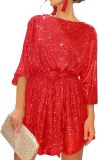 Summer Sequin Round Neck Long Sleeve Casual Loose Sequin Dress