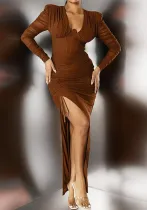 Women V Neck Long Sleeve Bodycon Sexy Slit Dress