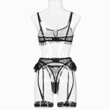 Women Spring See-Through Mesh Ruffled Garter Leg Circle Erotic Sexy lingerie Four-piece Set