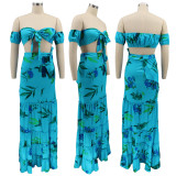 Women summer printed short-sleeved crop Top and slit Skirt sexy two-piece set