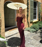 Summer Women's Fashion Strap Sexy See-Through Lace Slim Dress