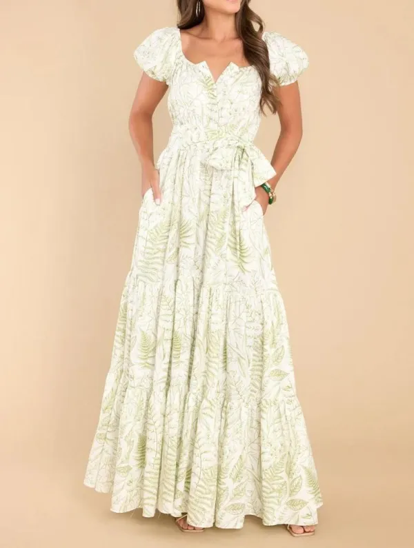 Spring Summer Printed Puff Sleeves Belt Chic Elegant Long Dress
