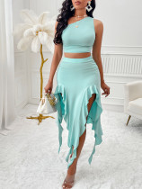 Women Summer Solid Shoulder Top and Ruffle Edge Skirt Two-piece Set