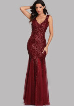 Women Sequin Red Sexy Mermaid Formal Party Evening Dress