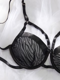 Spring Sexy Lingerie Fashionable Zebra Pattern Embroidery Mesh Sexy Hollow Three-Piece Lingerie Set