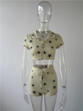 Women Star Print Turndown Collar Top and Shorts Knitting Two-piece Set