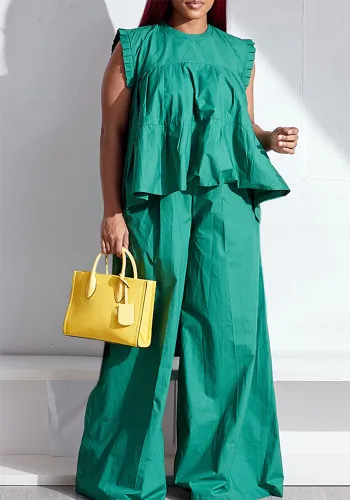 Stylish Casual Pleated Cuff Sleeveless Loose Two Piece Pants Set