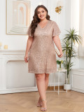 Shiny Sequin Short Sleeve V Neck Elegant Plus Size Party Dress