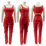 Women's Sexy Fashionable High Stretch Pu Leather Vest Cargo Pants Two Piece Set