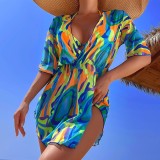 Short-Sleeved Sun Protection Mesh Cover-Up Two Piece Bikini Three Piece Swimsuit