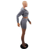 Women's Casual Long Sleeve Hooded Zip Top Short Skirt Two Piece Set