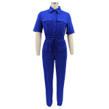 Women Solid Short Sleeve Shirt Collar Lace-Up Casual Jumpsuit