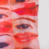 Women Summer Long Sleeve Printed Sexy Mesh See-Through Dress