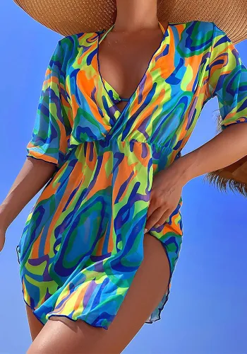 Short-Sleeved Sun Protection Mesh Cover-Up Two Piece Bikini Three Piece Swimsuit