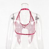 Beaded Fishnet See-Through Sexy Halter Neck Vest Heart Diamond Slit Crop Top