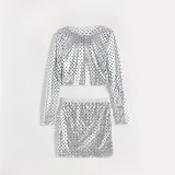 Women Sexy Hollow Mesh Crop Long Sleeve Top and Skirt Two-piece Set